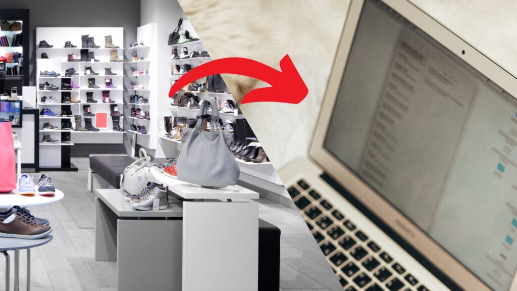 A modern shoe store with various footwear on display, transitioning to an online store shown by a red arrow pointing to a laptop screen.