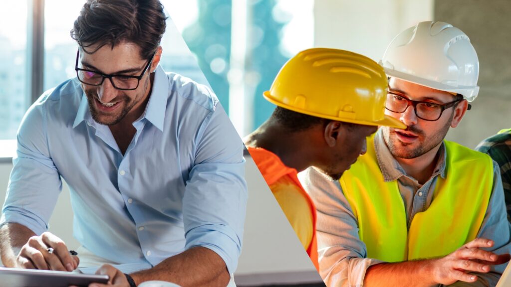 A split image showing a businessperson working on a tablet and construction workers discussing plans