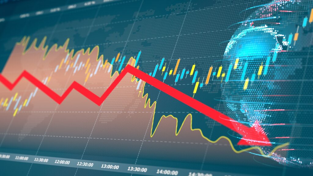 A digital chart with an arrow showing a downward trend with a digital globe in the background