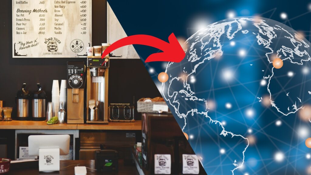 On the left, a cozy local coffee shop with coffee-making equipment and a menu board. On the right, a digital map of the world connected by nodes.