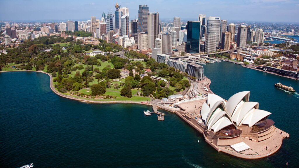Above view of the sydney harbour including the opera house and city skyline