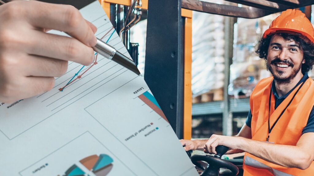 On the left, a hand holding a pen over a performance chart. On the right, a man operating a forklift, smiling
