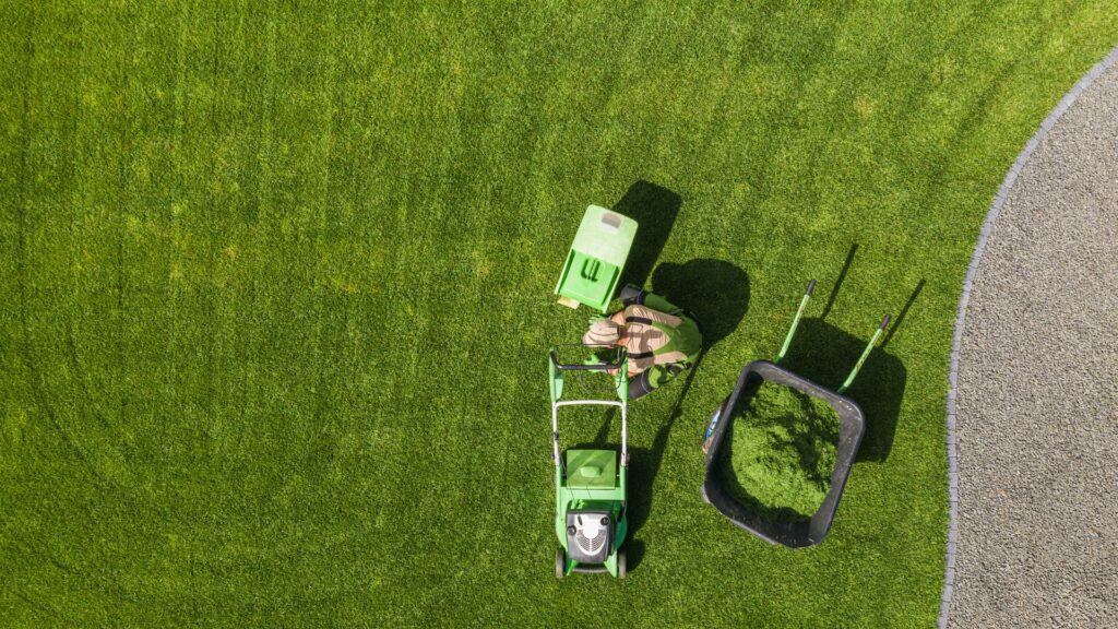 A clean, vibrant green lawn with lawnmowing equipment and a man
