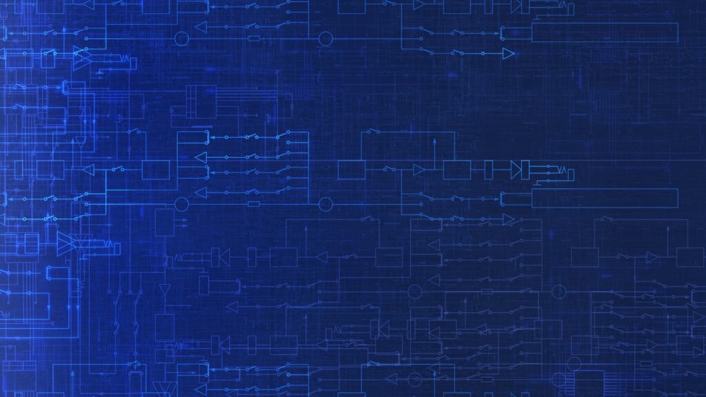 Blueprint-style schematic of various electrical circuits and connections displayed on a dark blue background.