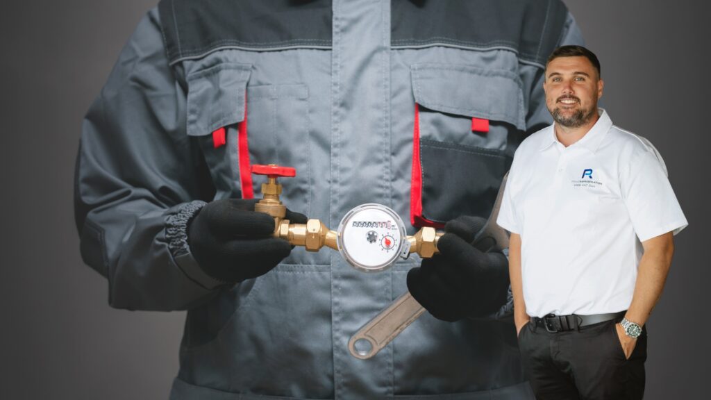 Person in uniform holding a meter gauge. Business professional in the foreground