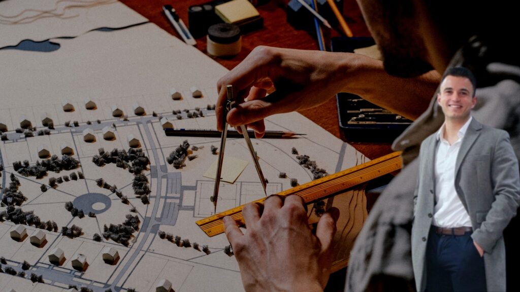 Architect from Furfaro Architects smiling confidently in front of an architectural plan