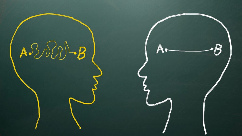 llustration of two profiles with thought pathways from point A to point B; one profile has a complex, winding path in yellow, while the other has a straightforward path in white.