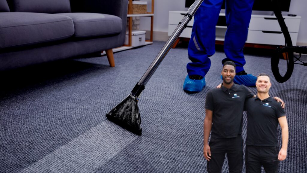 Two professionals from Diab's Cleaning Services standing in front of a freshly cleaned carpet